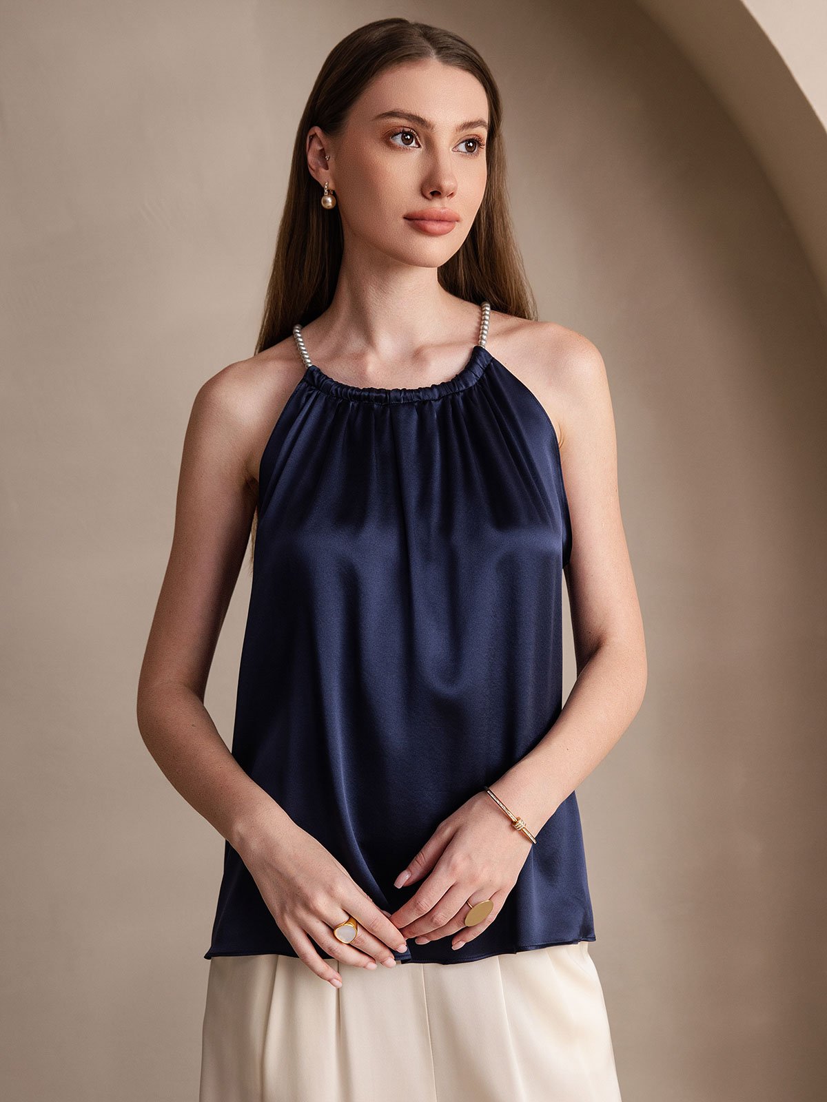 SilkSilky-UK 19Momme Silk Sleeveless Round Neck Camisole DarkBlue 001