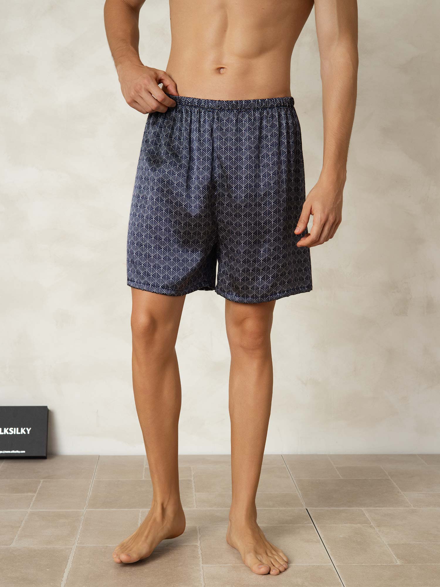 [Navy Ginkgo] SilkSilky-UK Pure Silk Mens Sleep Bottoms 001