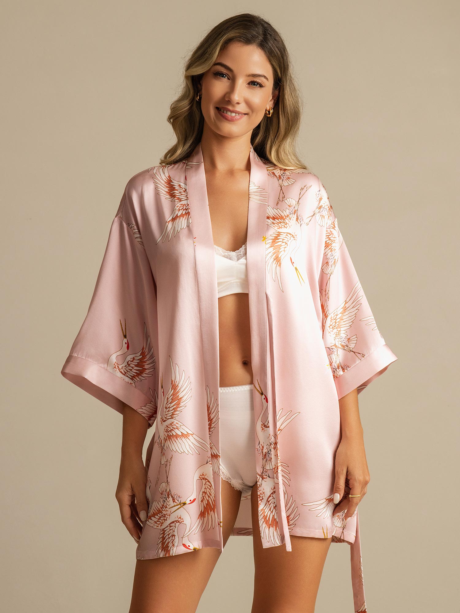 [Pink] SilkSilky-UK Pure Silk V Neck Women's Dressing Gown 001