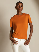 [Orange] SilkSilky-UK Silk Knitted Short Sleeve Mock Neck Women's T-Shirt 005