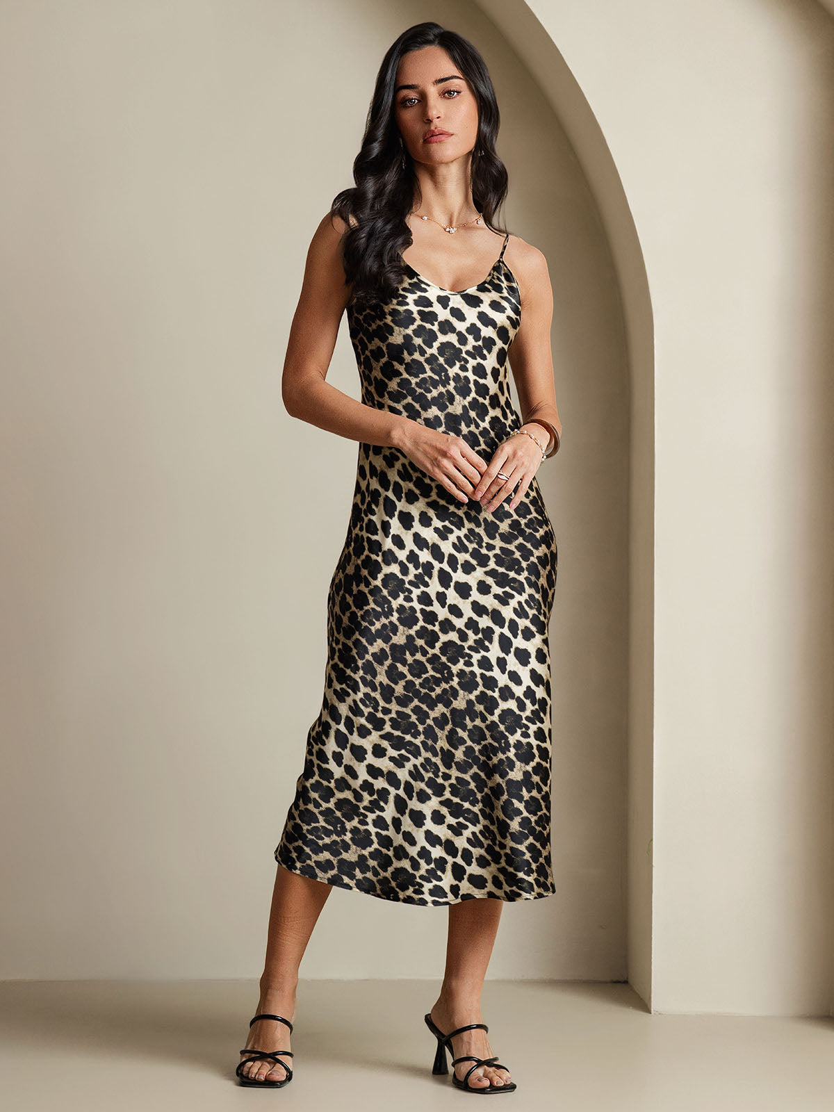 SilkSilky-UK Pure Silk Sleeveless Round Neck Dress Leopard 003