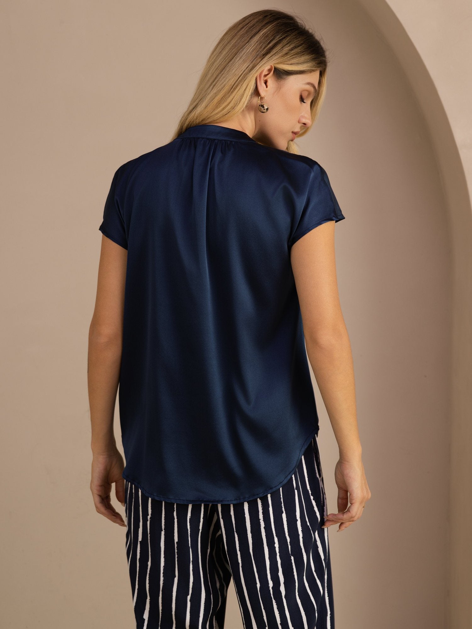 [Dark Blue] SilkSilky-UK Short Sleeve Split Women's Blouse 002