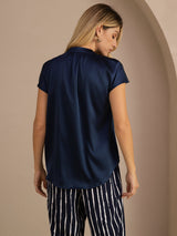 [Dark Blue] SilkSilky-UK Short Sleeve Split Women's Blouse 002