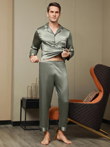 [Grayish Green] SilkSilky-UK Pure Silk Long Sleeve Lapel Men's Pyjamas 007