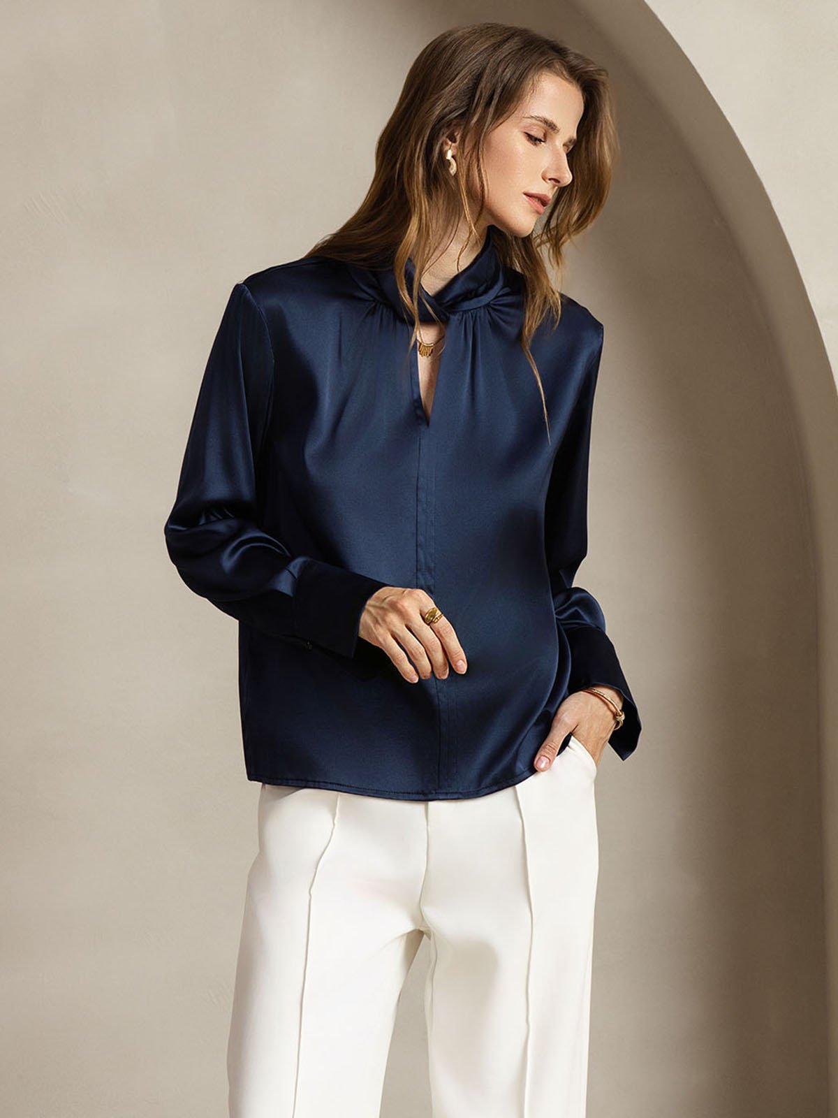 [DarkBlue] SilkSilky-UK 19Momme Silk Keyhole Neck Women's Shirt 006