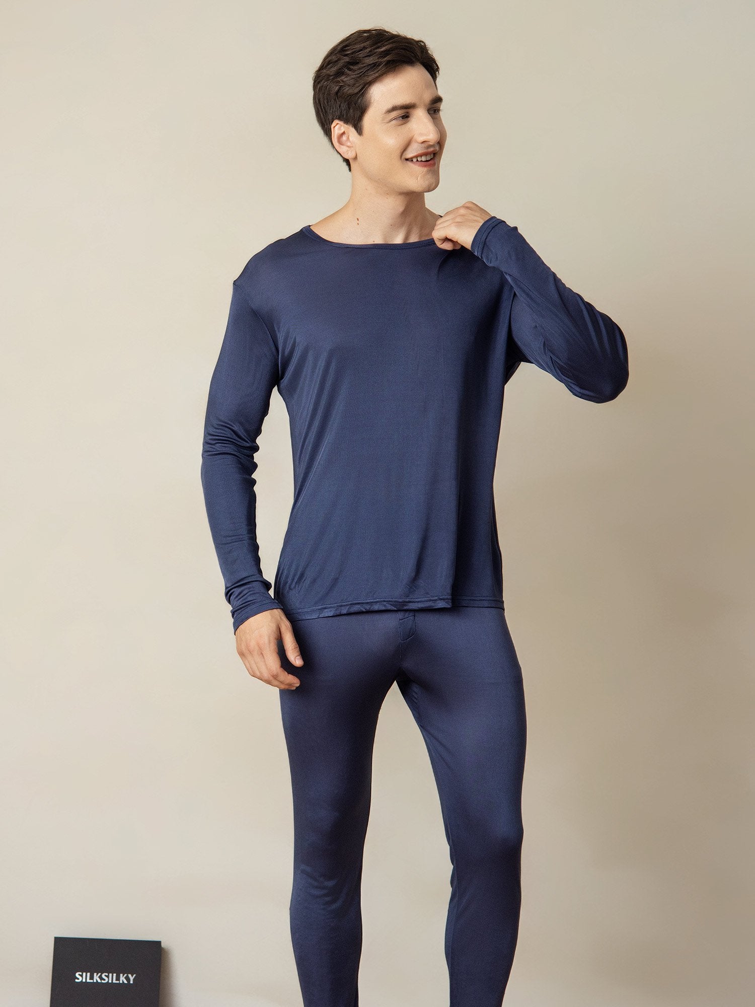 [DarkBlue] SilkSilky-UK Silk Knitted Round Neck Men's Pyjamas 003