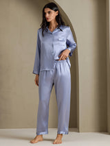 [Steel Blue] SilkSilky-UK Long Sleeve Lapel Collar Women's Pyjamas 003