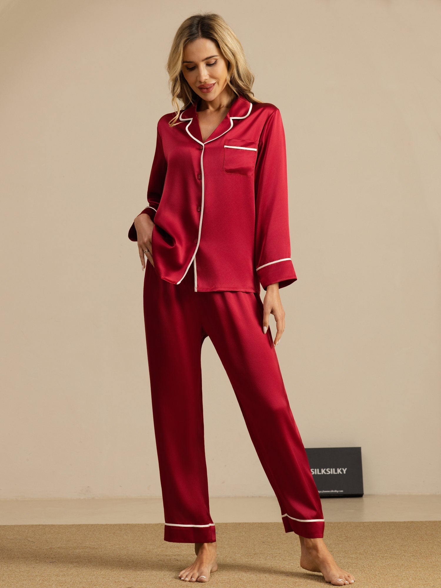 [Wine] SilkSilky-UK Long Sleeve Notch Collar Women's Pyjamas 006