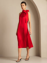 [Red] SilkSilky-UK Sleeveless Tie Neck Dress 006
