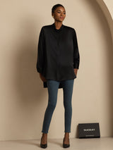 [Black] SilkSilky-UK 19Momme Stretch Silk Charmeuse Long Sleeve Stand Collar Blouse 006