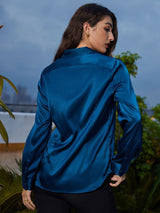 [Teal] SilkSilky-UK Long Sleeve Lapel Collar Women's Shirt 002