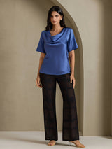 [Real Teal] SilkSilky-UK Short Sleeve Cowl Neck Women's Blouse 006