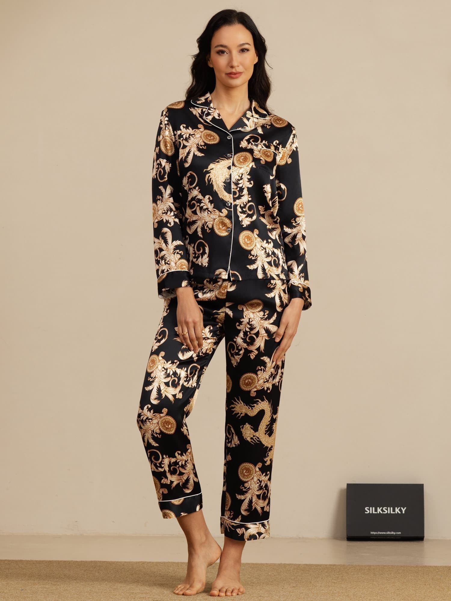 [Black Dragon] SilkSilky-UK Long Sleeve Notch Collar Women's Pyjamas 007