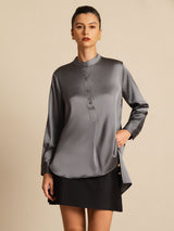 [Dark Gray] SilkSilky-UK 19Momme Stretch Silk Charmeuse Long Sleeve Stand Collar Blouse 001