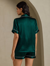 [Dark Green] SilkSilky-UK Short Sleeve Lapel Collar Women's Pyjamas 002