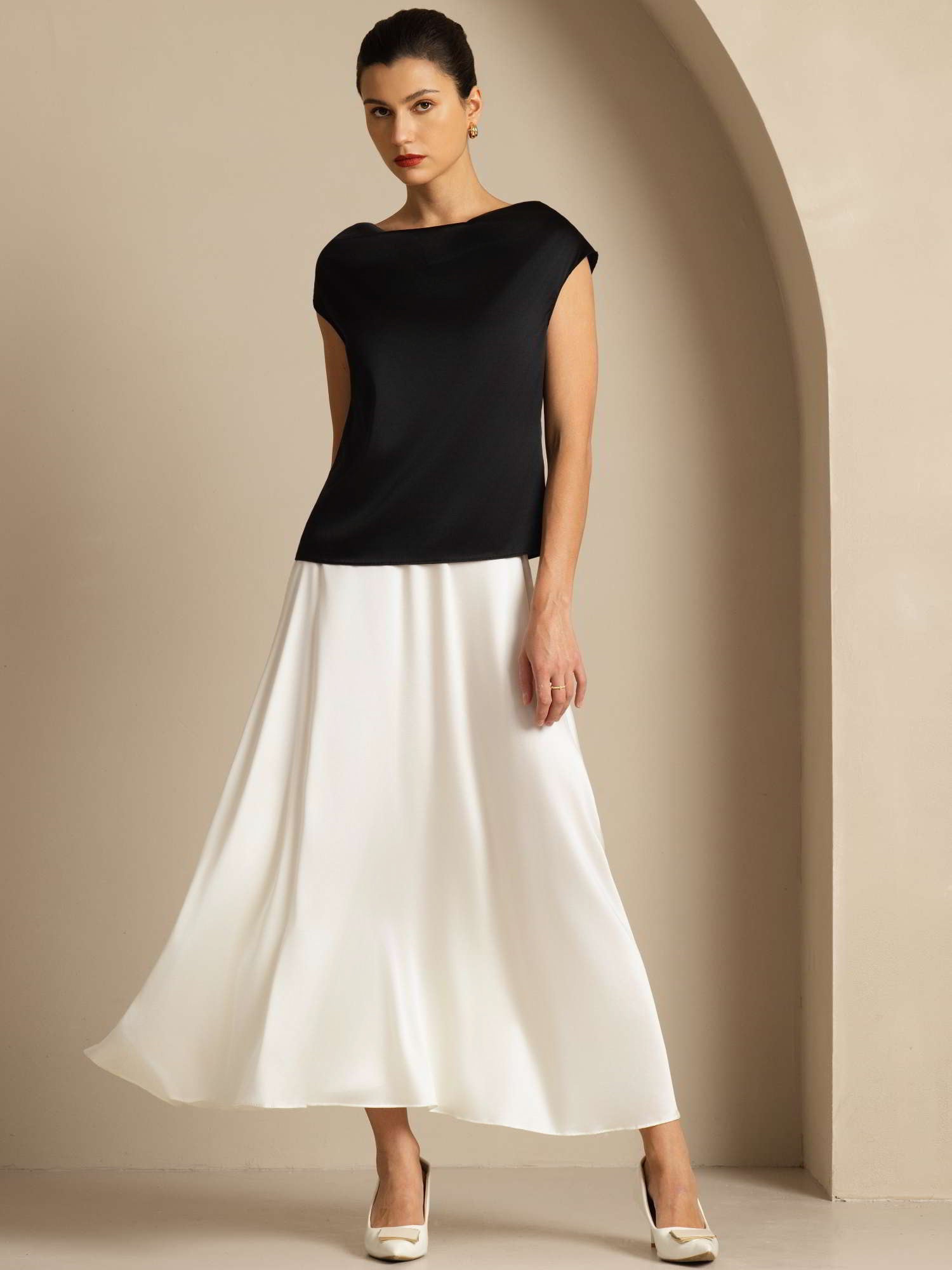 [Black] SilkSilky-UK 19Momme Silk Cap Sleeve Cowl Neck Women's T-Shirt 006