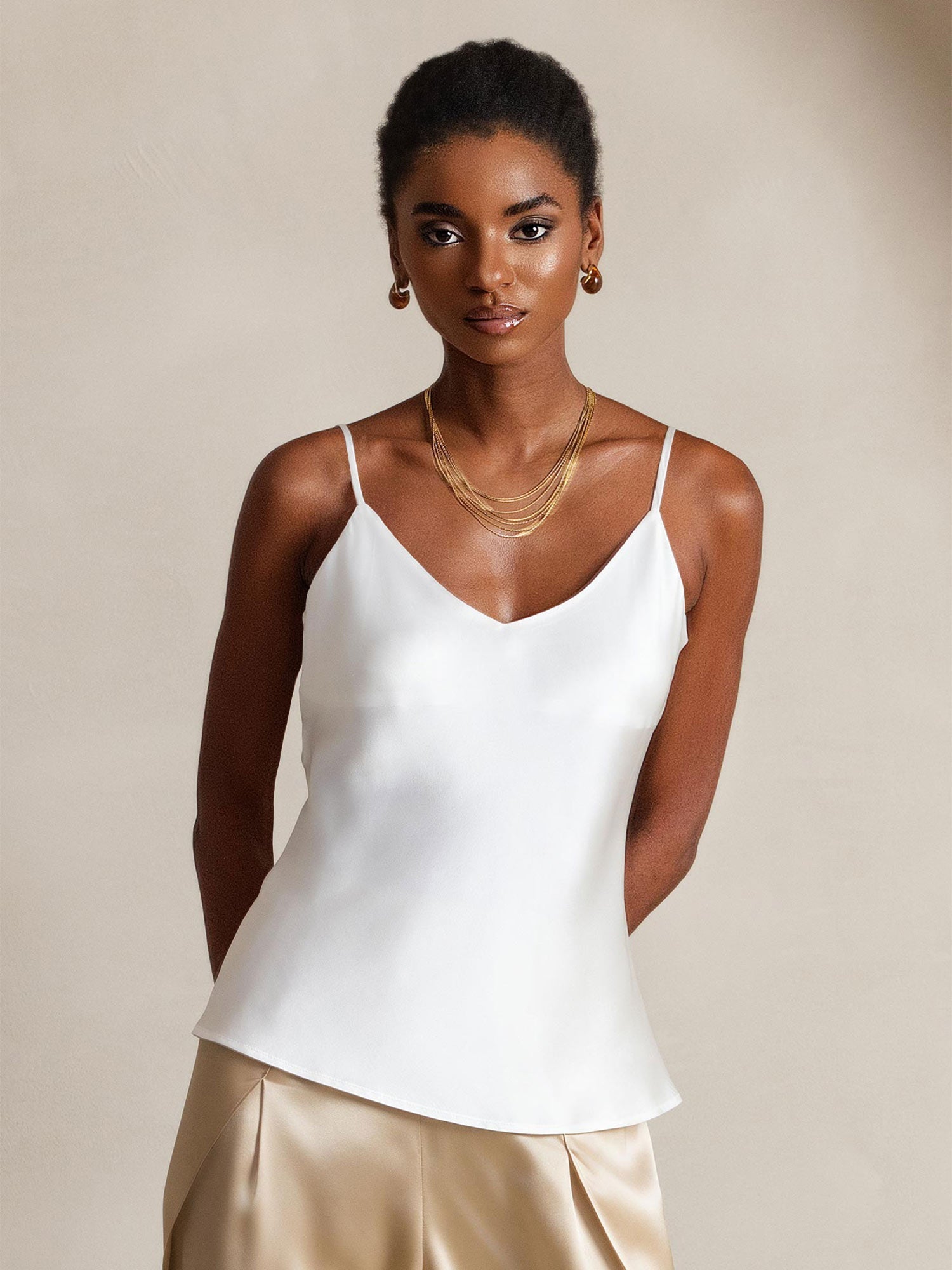 [White] SilkSilky-UK Spaghetti Strap V Neck Camisole 001