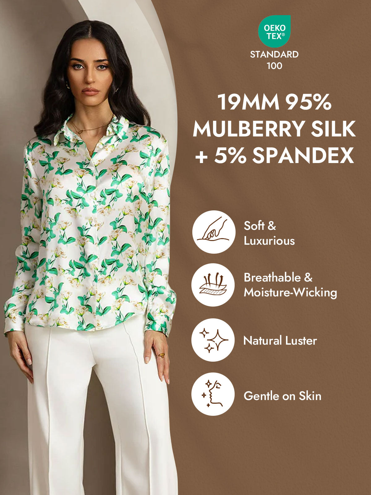 [Green Floral] SilkSilky-UK Silk Long Sleeve Collar Women's Shirt 004