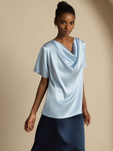[Grayish Blue] SilkSilky-UK Short Sleeve Cowl Neck Women's Blouse 005