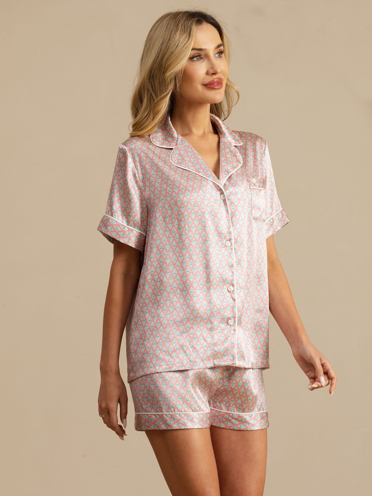 [Pink Heart Geo] SilkSilky-UK Short Sleeve Notch Collar Women's Pyjamas 004