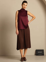 [Dark Red] SilkSilky-UK 19Momme Stretch Silk Charmeuse Sleeveless Tie Neck Blouse 009