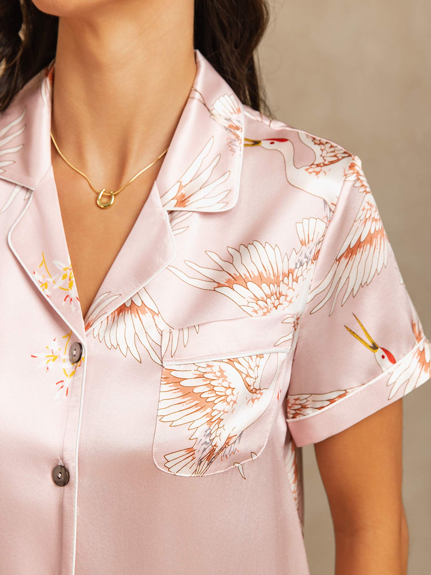 [Pink] SilkSilky-UK 19Momme Pure Silk Short Sleeve Notch Collar Women's Pyjamas 004