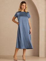 [Real Teal] SilkSilky-UK Short Sleeve Crew Neck Dress 001