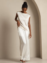 [White] SilkSilky-UK Cap Sleeve Round Neck Women's T-Shirt 008