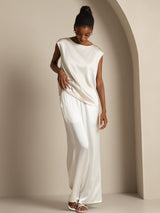 [White] SilkSilky-UK Cap Sleeve Round Neck Women's T-Shirt 008