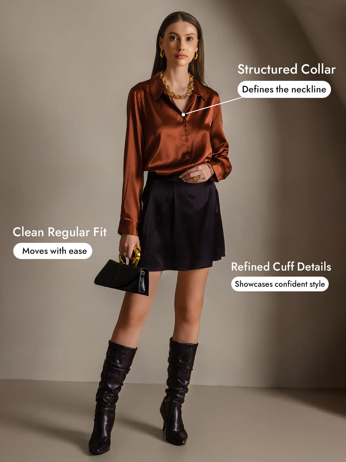 [Caramel] SilkSilky-UK Silk Long Sleeve Collar Women's Shirt 005