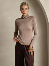 [Khaki] SilkSilky-UK Silk Jersey Long Sleeve Turtle Neck Women's T-Shirt 001