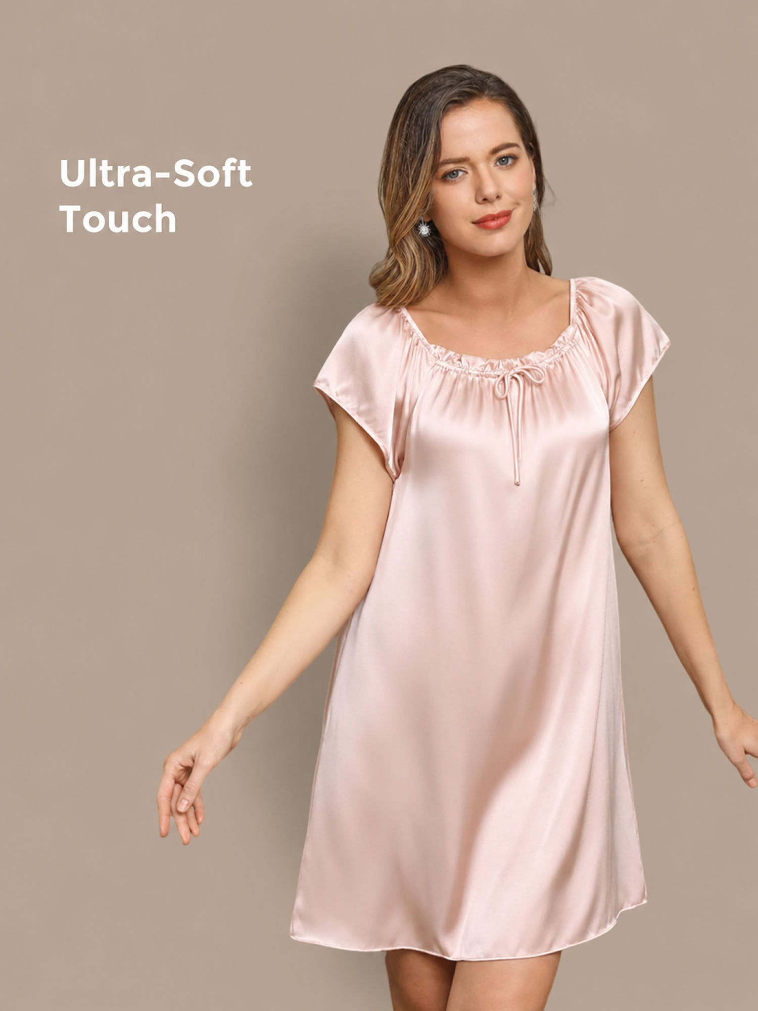 [Light Pink] SilkSilky-UK Cap Sleeve Square Neck Nightdress 001