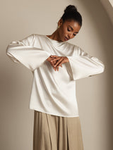 [White] SilkSilky-UK Long Sleeve Boat Neck Blouse 004