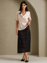 [Beige] SilkSilky-UK Short Sleeve Cowl Neck Women's Blouse 007