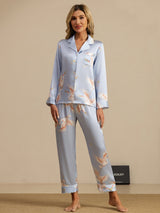 [Light Blue] SilkSilky-UK Long Sleeve Lapel Collar Women's Pyjamas 005