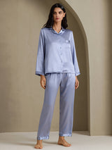 [Steel Blue] SilkSilky-UK Long Sleeve Lapel Collar Women's Pyjamas 001