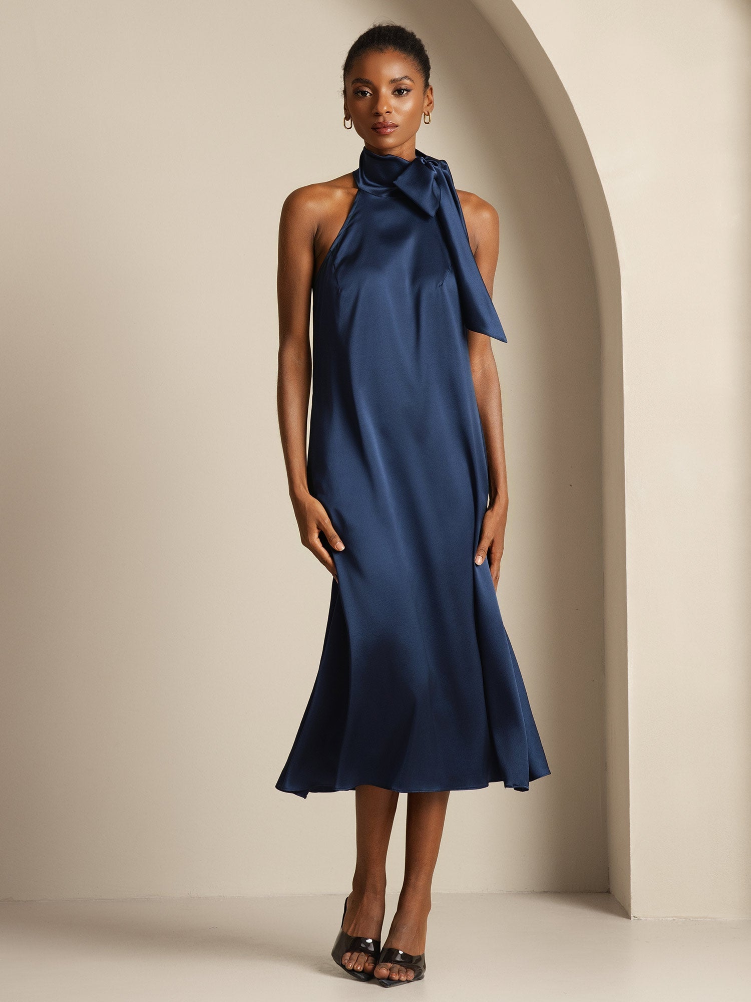 [Dark Blue] SilkSilky-UK 19Momme Silk Tie Neck Dress 001,