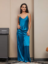 [Teal] SilkSilky-UK Spaghetti Strap V Neck Camisole Set 003