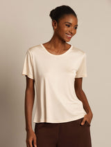 [Beige] SilkSilky-UK 100% Silk Jersey Short Sleeve Round Neck Women's T-Shirt 001