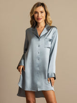 [Grayish Blue] SilkSilky-UK Long Sleeve Lapel Collar Nightshirt 001