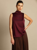 [Dark Red] SilkSilky-UK 19Momme Stretch Silk Charmeuse Sleeveless Tie Neck Blouse 001