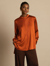 [Caramel] SilkSilky-UK 19Momme Stretch Silk Charmeuse Long Sleeve Stand Collar Blouse 001