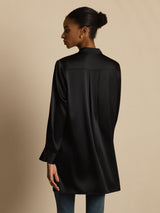 [Black] SilkSilky-UK 19Momme Stretch Silk Charmeuse Long Sleeve Stand Collar Blouse 002