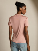 [Pink] SilkSilky-UK Silk Knitted Short Sleeve Mock Neck Women's T-Shirt 002