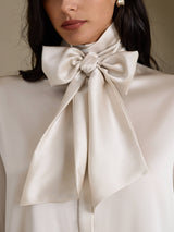 [Light Gray] SilkSilky-UK Long Sleeve Tie Neck Women's Blouse 004