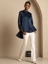 [Dark Blue] SilkSilky-UK 19Momme Stretch Silk Charmeuse Long Sleeve Stand Collar Blouse 001