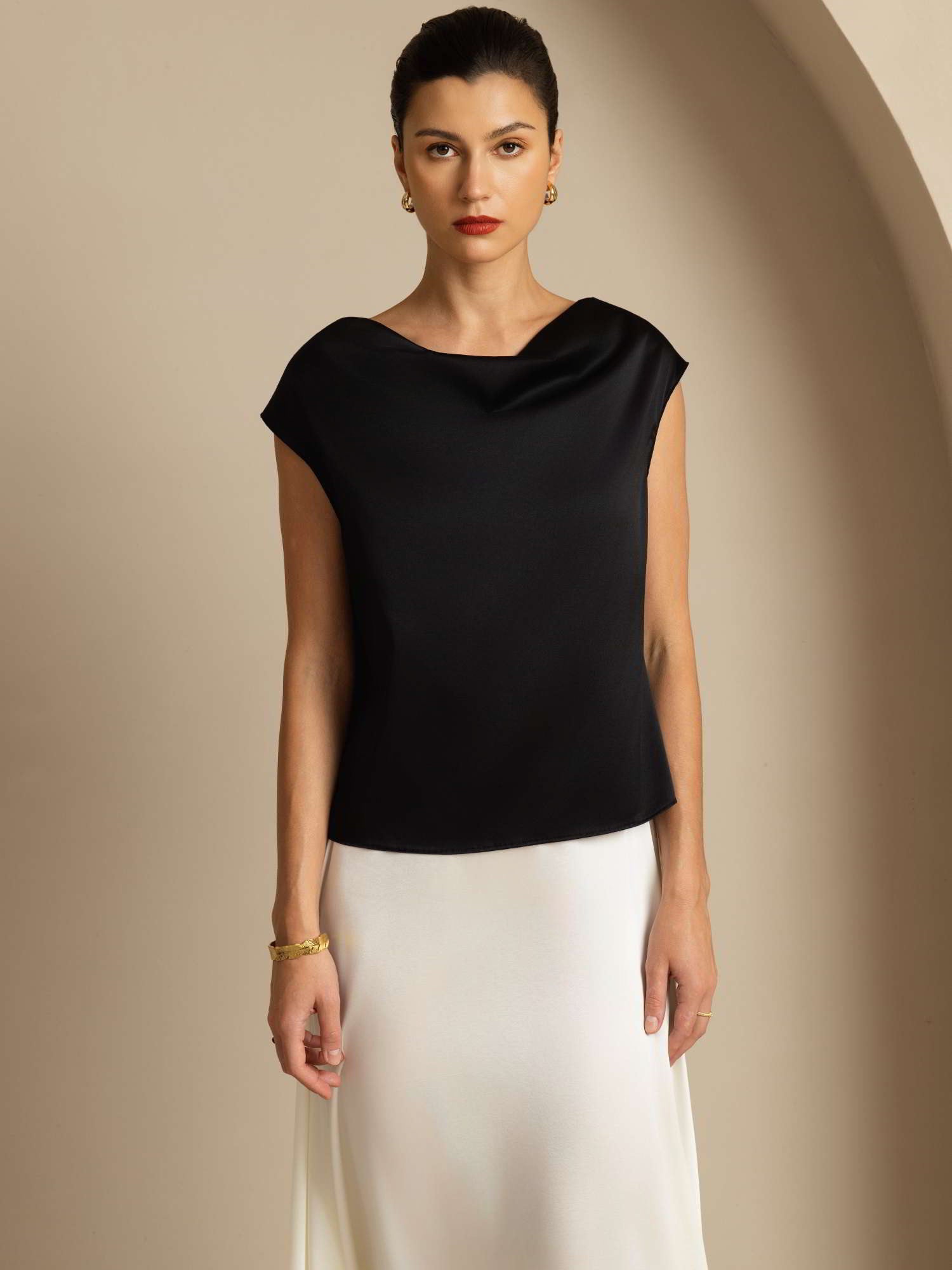 [Black] SilkSilky-UK 19Momme Silk Cap Sleeve Cowl Neck Women's T-Shirt 004