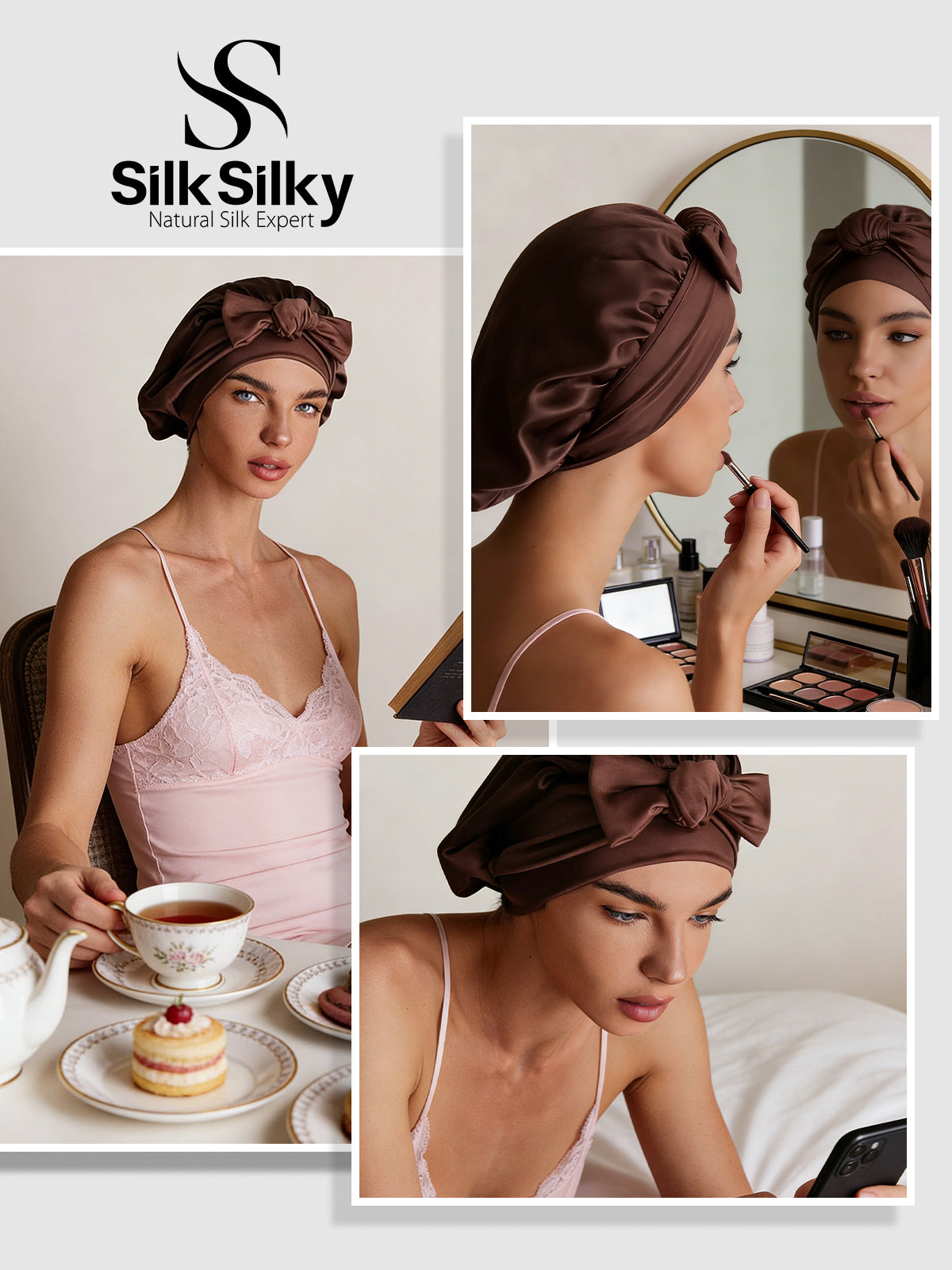 [Coffee] SilkSilky-UK Pure Silk Sleep Cap 005