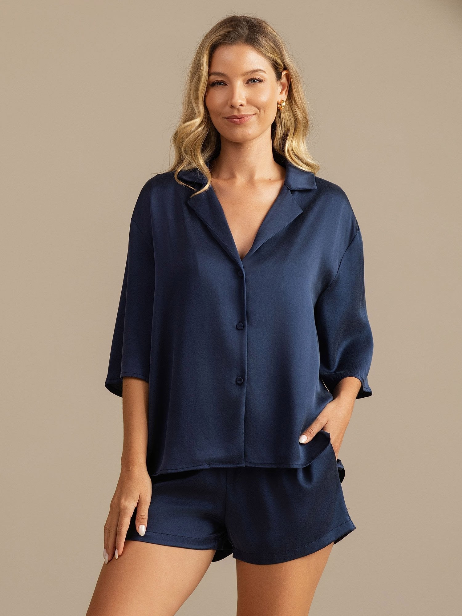 [Dark Blue] SilkSilky-UK 19Momme Pure Silk Collar Women's Pyjamas 001,