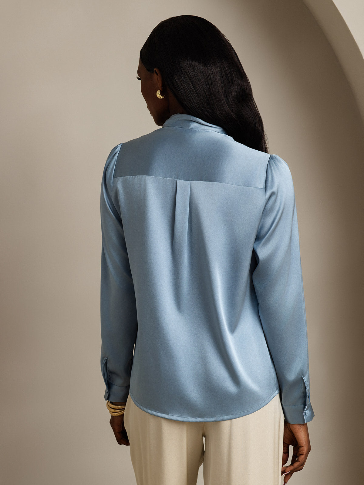 [Grayish Blue] SilkSilky-UK 19Momme Silk Long Sleeve Tie Neck Women's Shirt 002